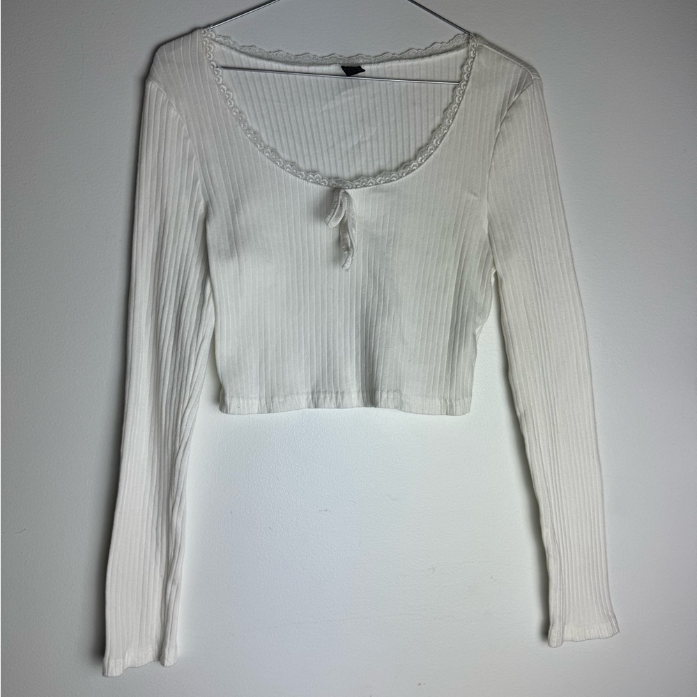 SHEIN White Ribbed Crop Top with Lace Trim